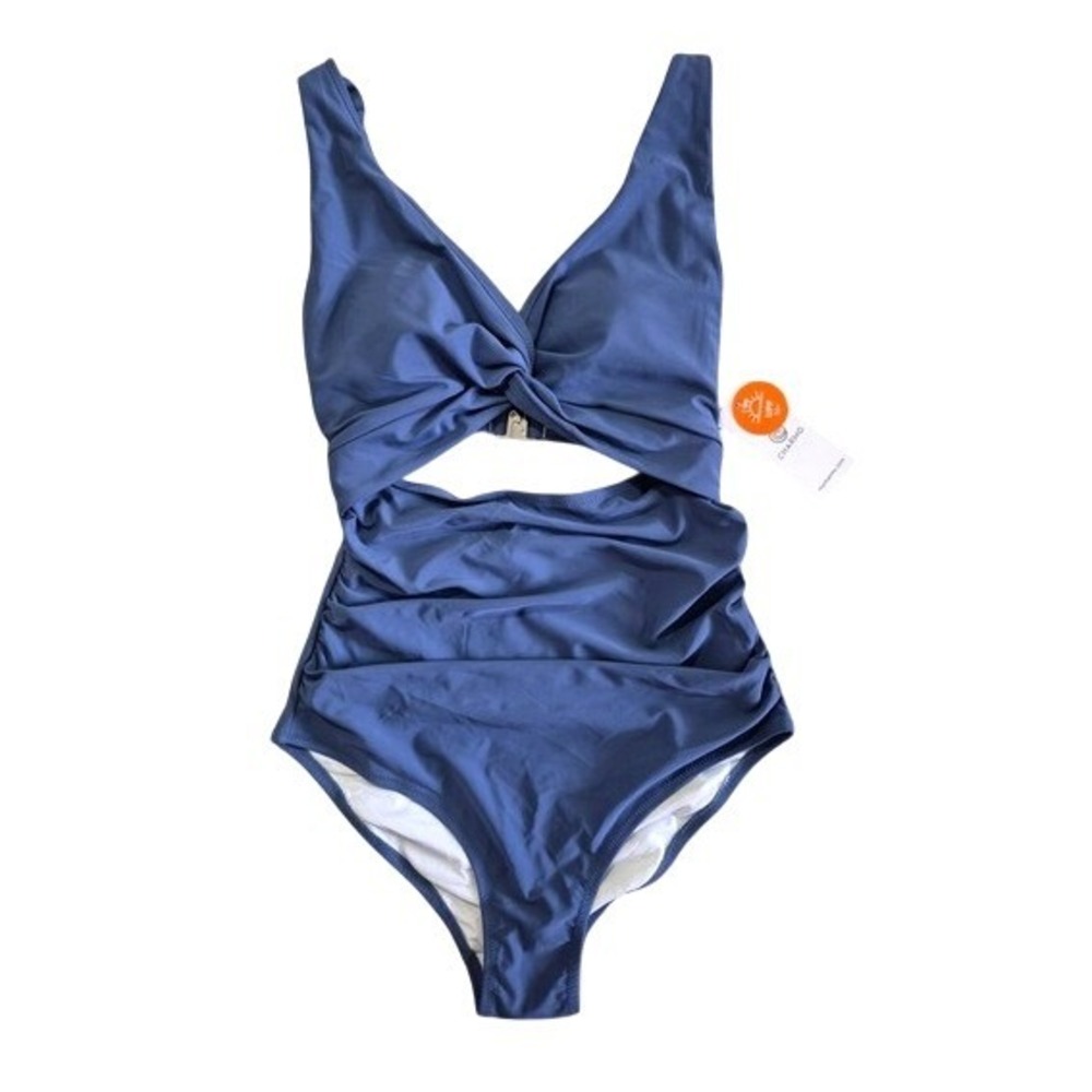 Charmo Blue Twist Front Cutout Ruched‎ One Piece Swimsuit UPF 50+ NWT Small